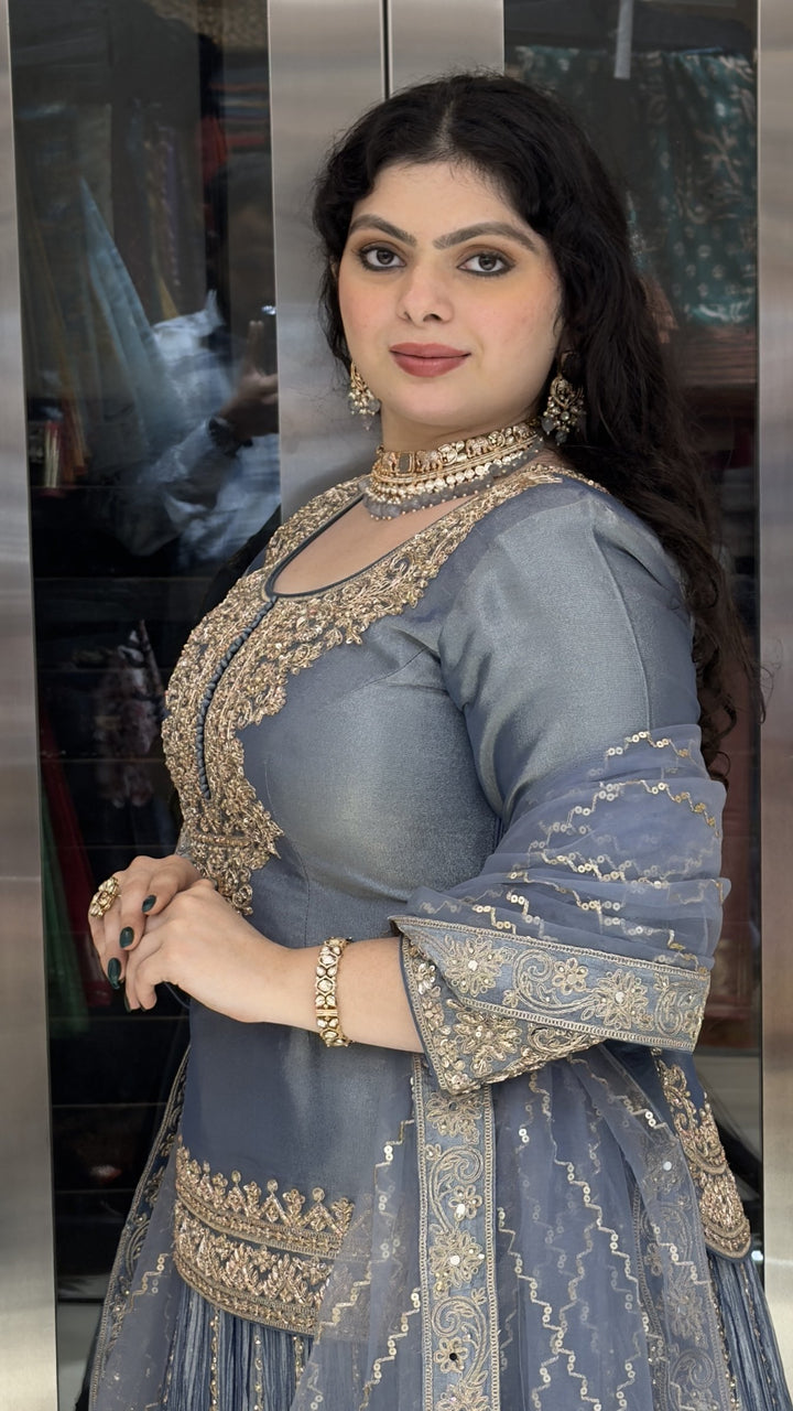 Steel Blue Embroidered Kurta with Crushed Sharara & Dupatta Set