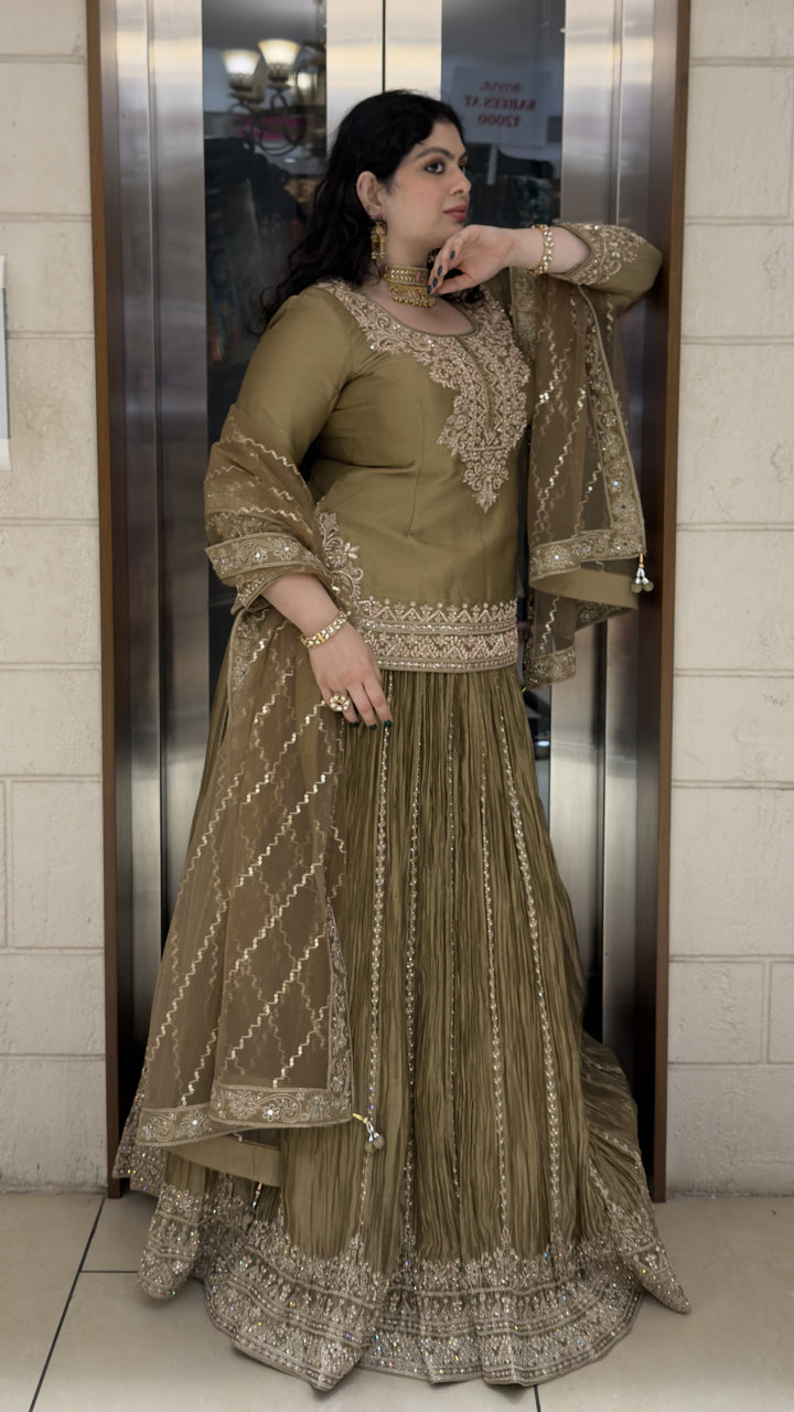 Olive Green Embroidered Kurta with Crushed Sharara & Dupatta Set