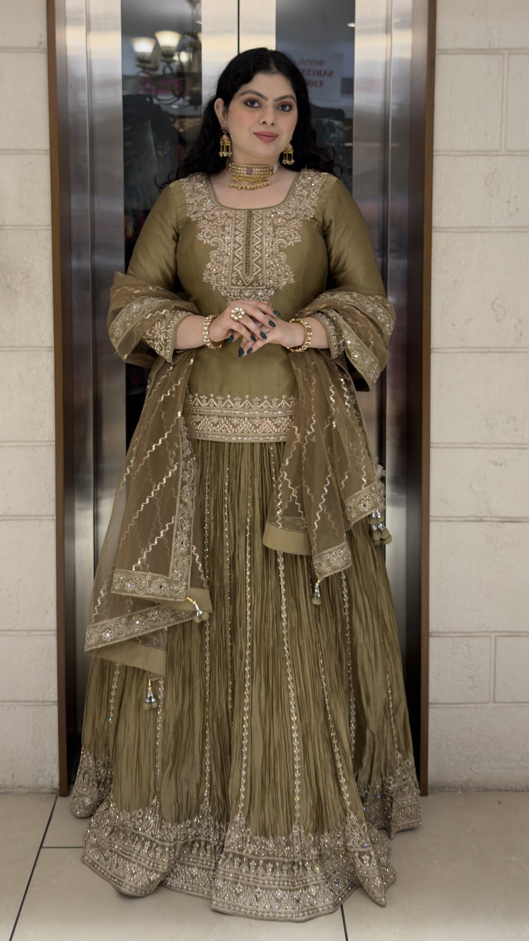 Olive Green Embroidered Kurta with Crushed Sharara & Dupatta Set