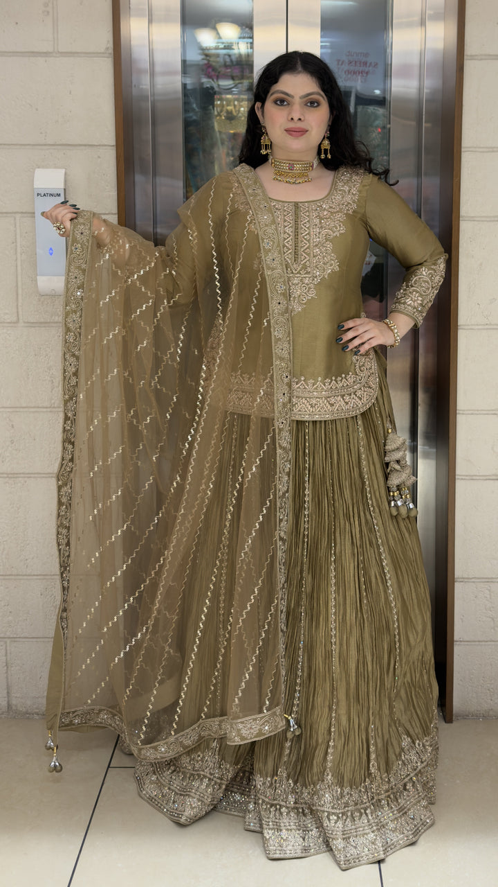 Olive Green Embroidered Kurta with Crushed Sharara & Dupatta Set