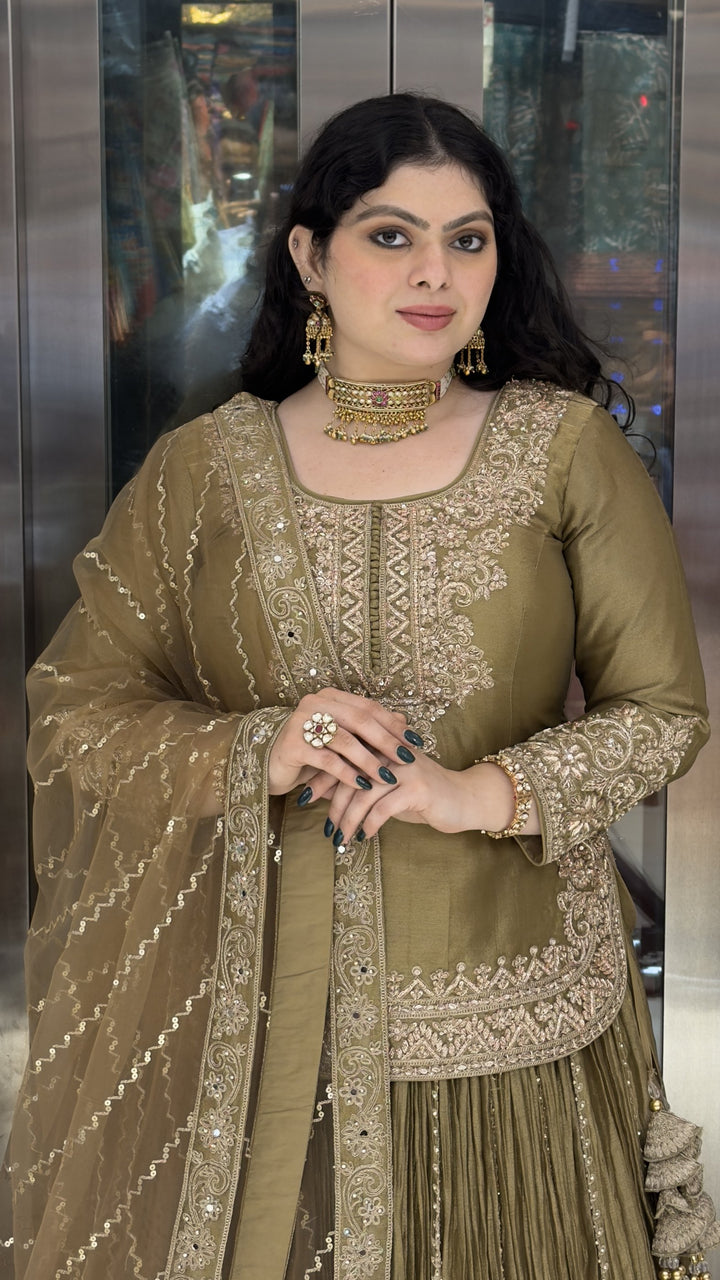 Olive Green Embroidered Kurta with Crushed Sharara & Dupatta Set