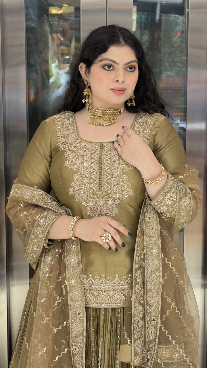 Olive Green Embroidered Kurta with Crushed Sharara & Dupatta Set