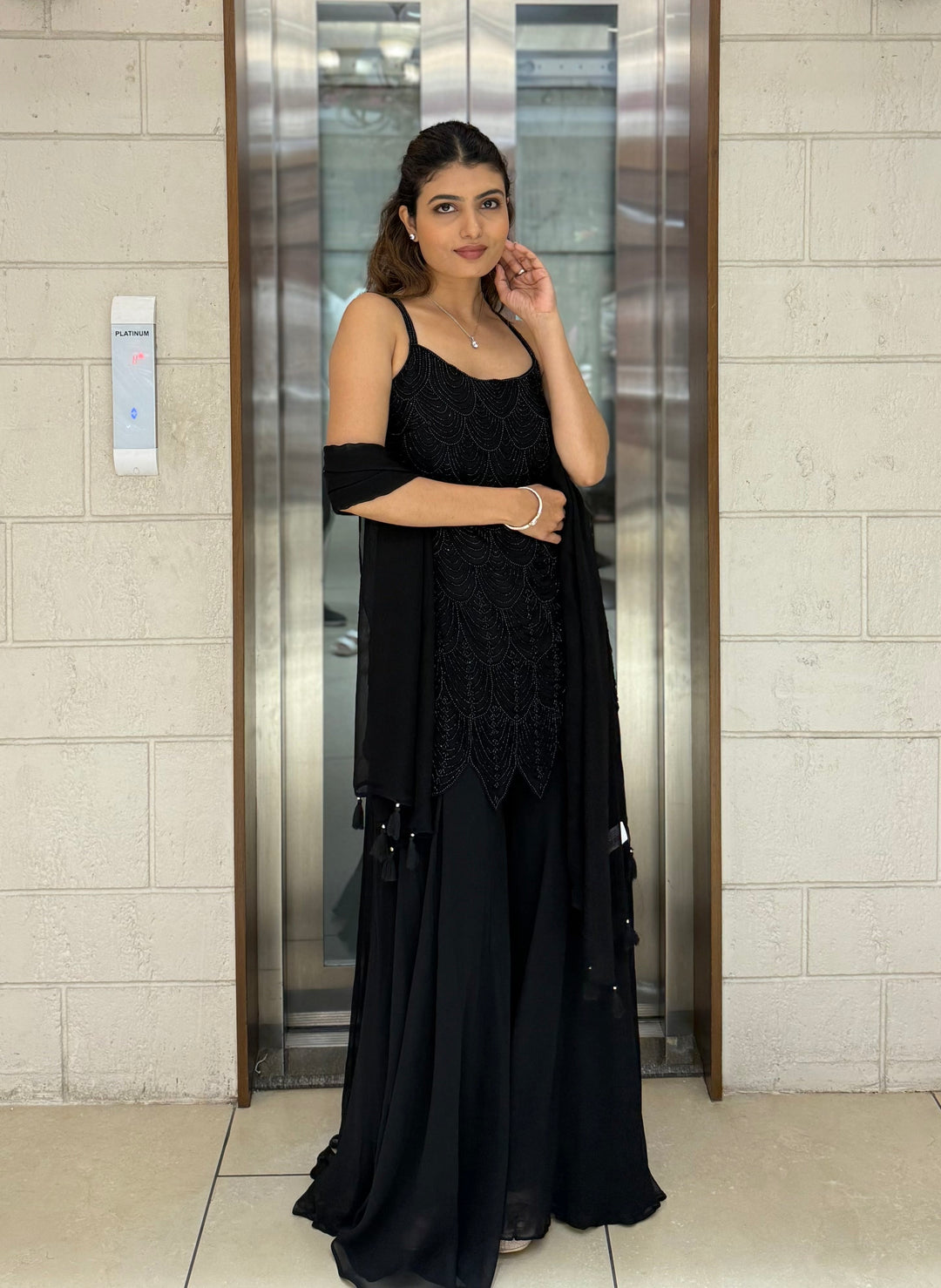 Elegant Midnight Hand-Embroidered Palazzo Suit with Dupatta
