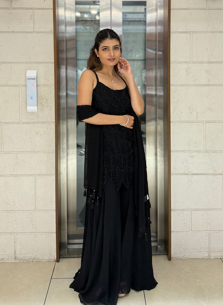 Elegant Midnight Hand-Embroidered Palazzo Suit with Dupatta