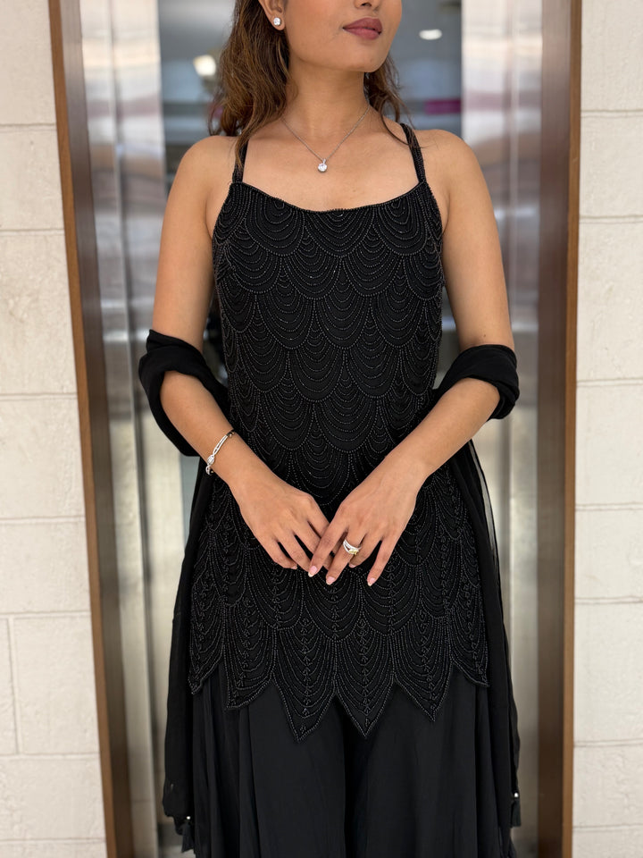 Elegant Midnight Hand-Embroidered Palazzo Suit with Dupatta