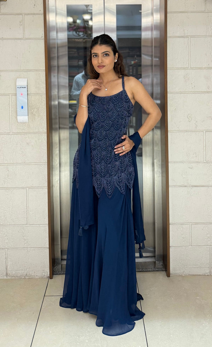 Elegant Midnight Hand-Embroidered Palazzo Suit with Dupatta