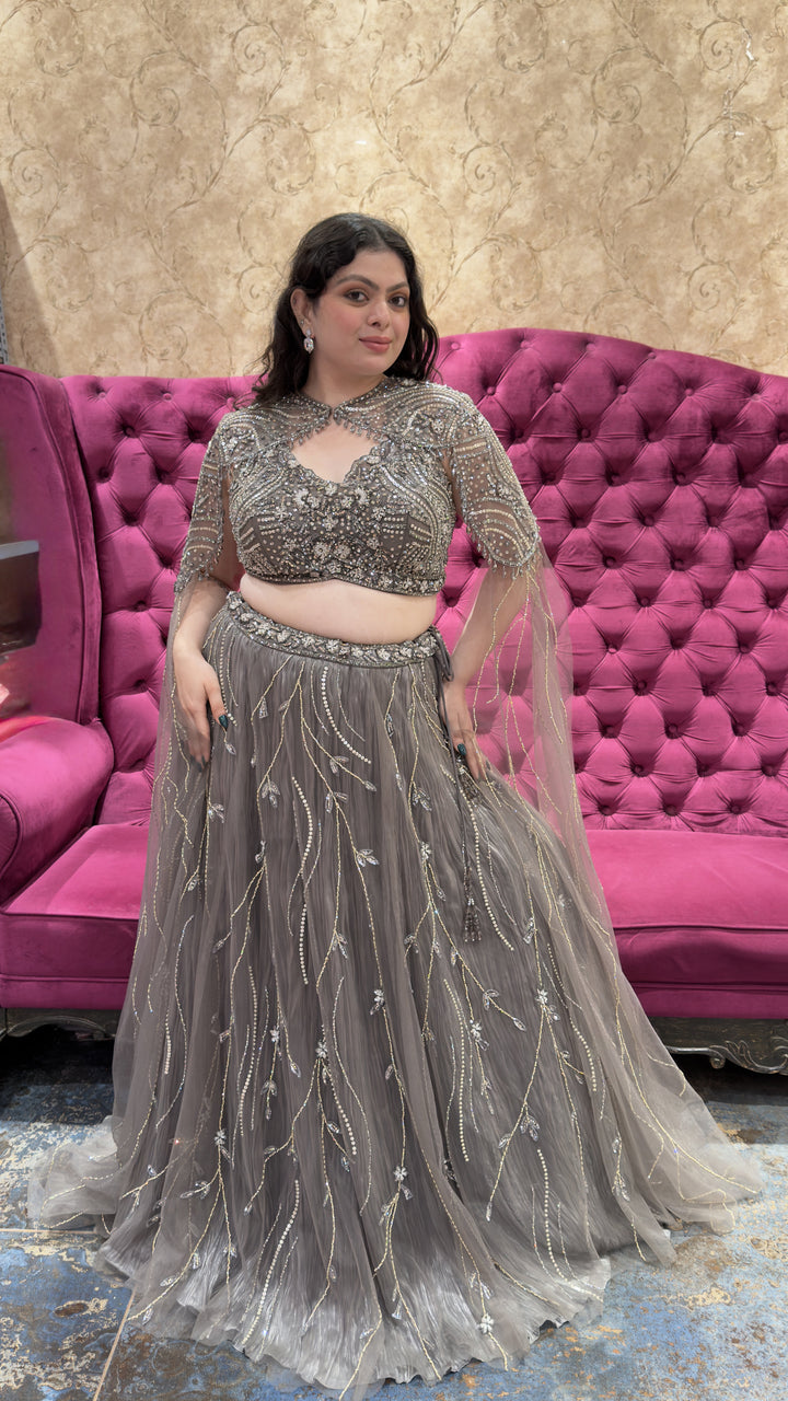Grey Embellished Designer Lehenga Set with Cape Sleeves