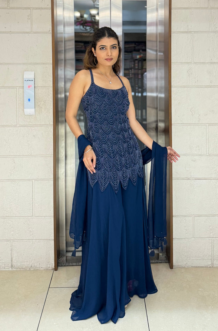 Elegant Midnight Hand-Embroidered Palazzo Suit with Dupatta