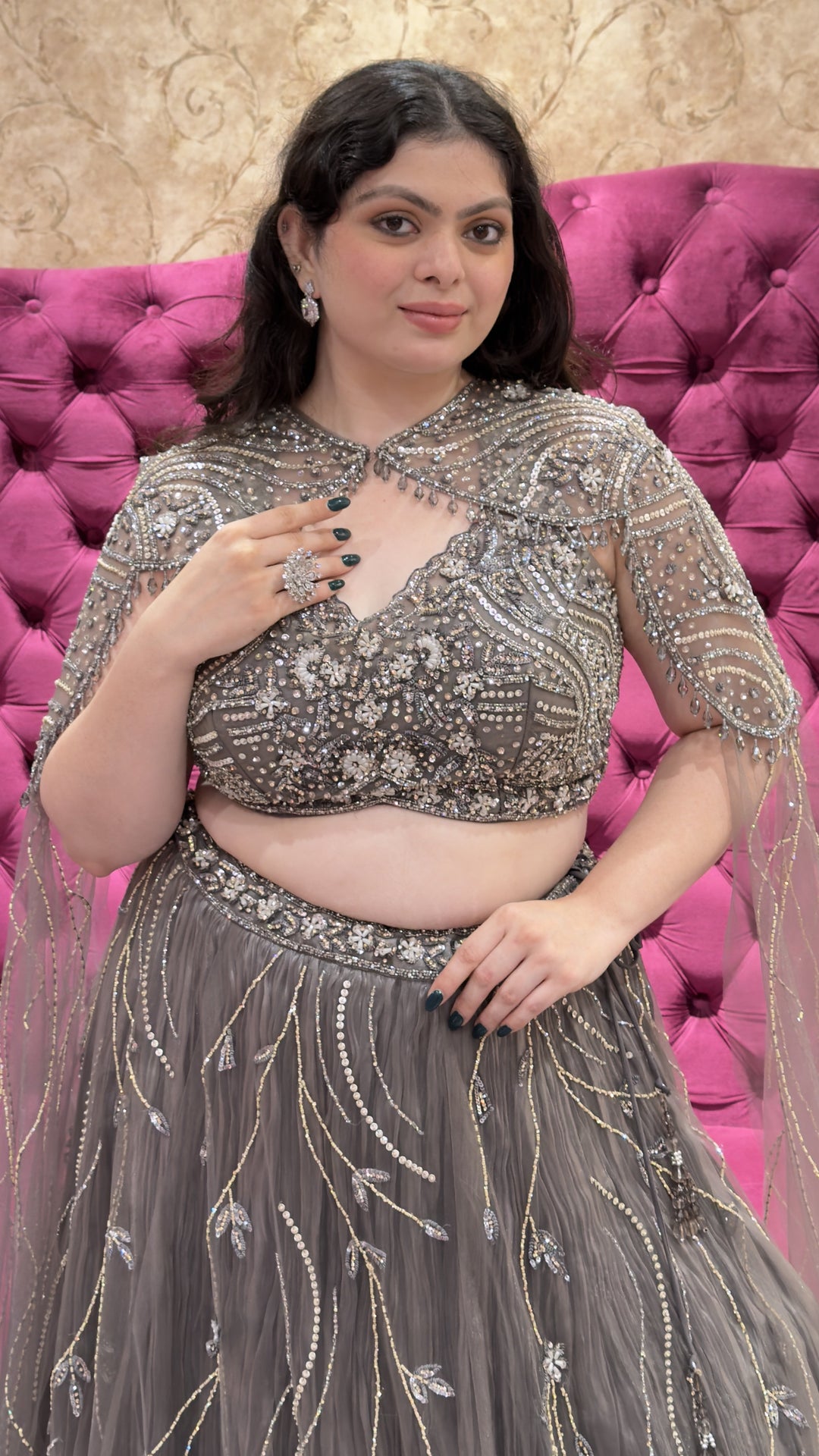 Grey Embellished Designer Lehenga Set with Cape Sleeves