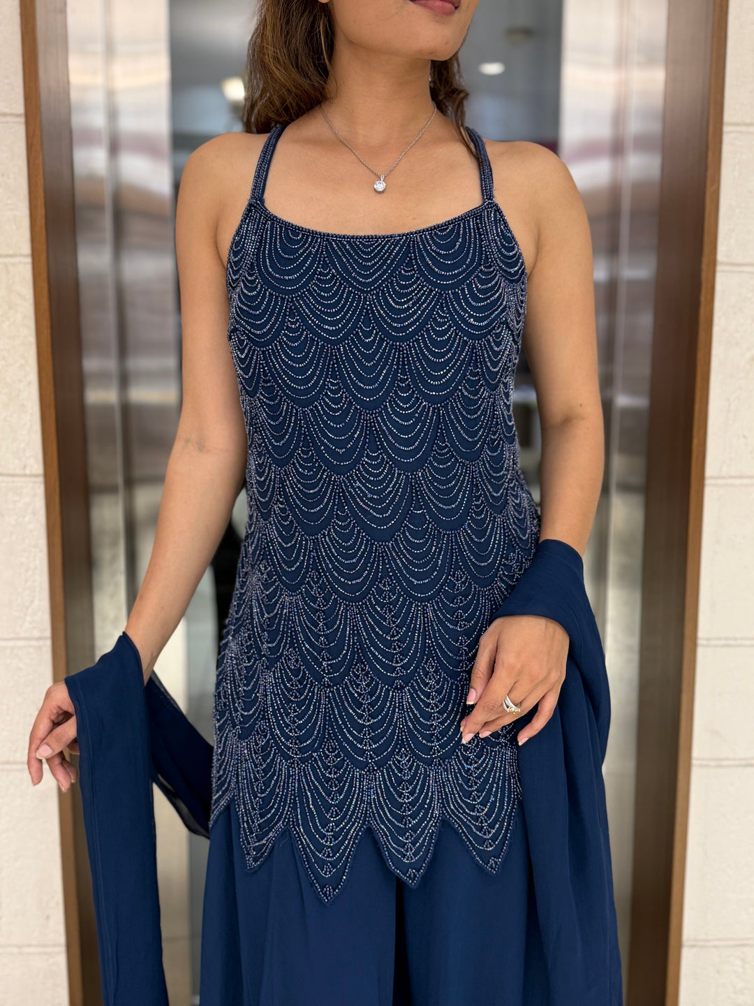 Elegant Midnight Hand-Embroidered Palazzo Suit with Dupatta