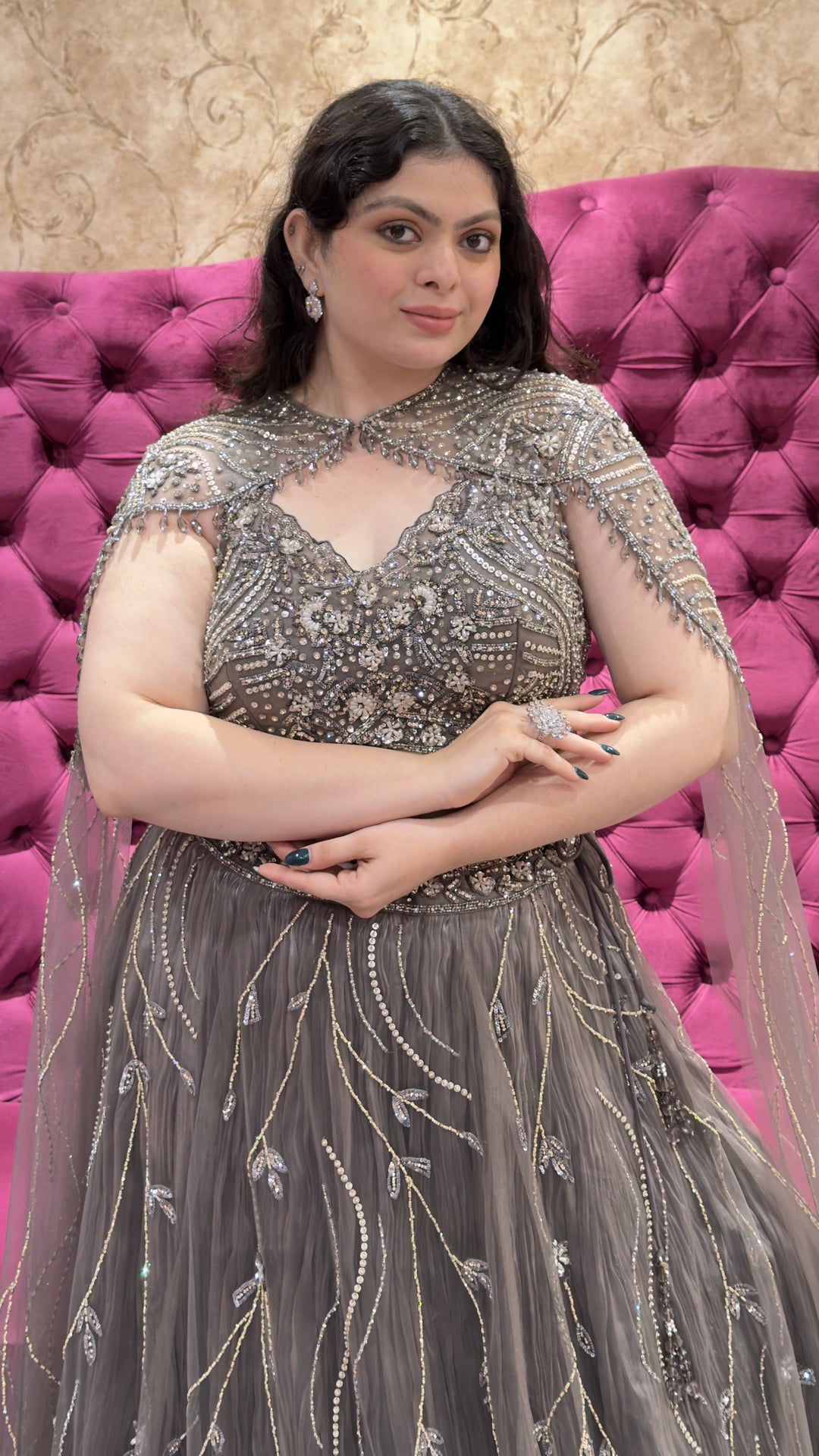 Grey Embellished Designer Lehenga Set with Cape Sleeves
