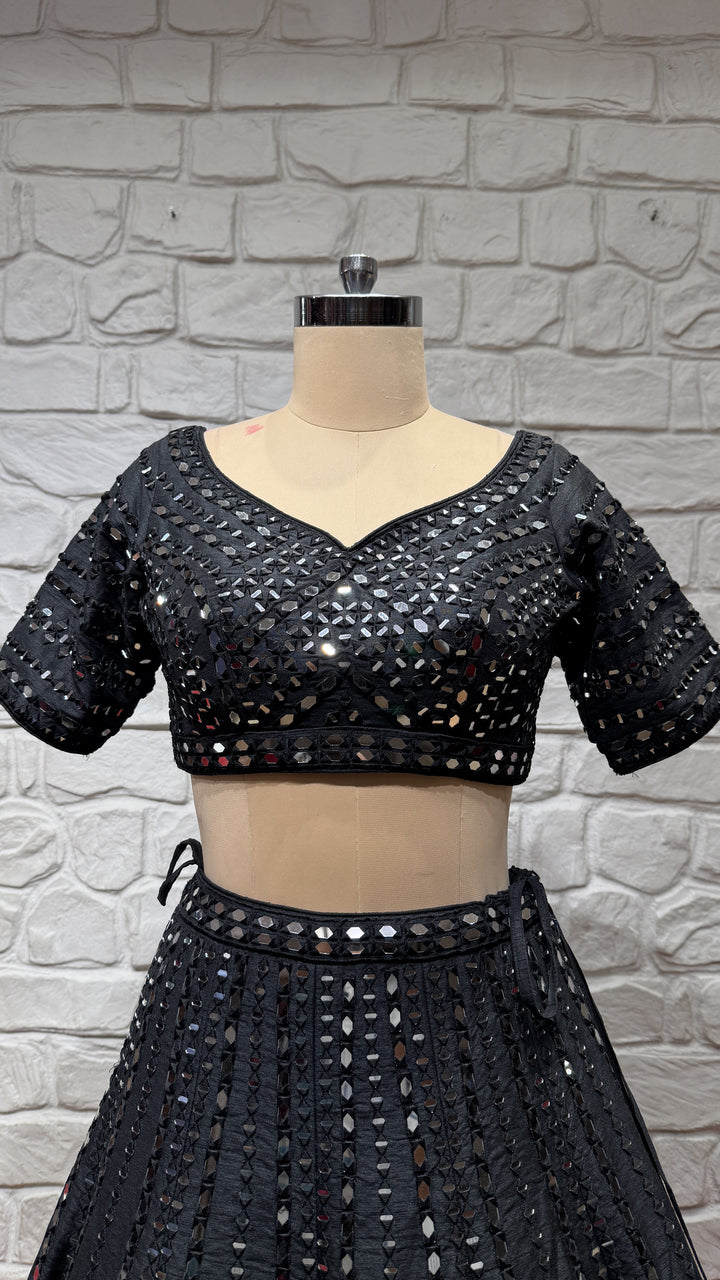 Midnight Black Mirror Work Lehenga Set with Dupatta