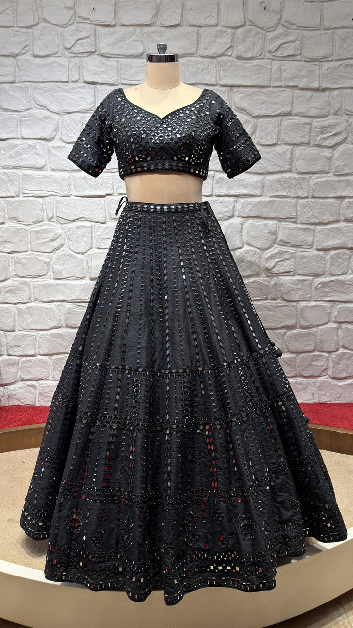 Midnight Black Mirror Work Lehenga Set with Dupatta