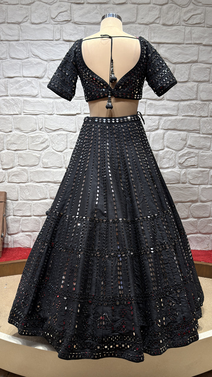 Midnight Black Mirror Work Lehenga Set with Dupatta