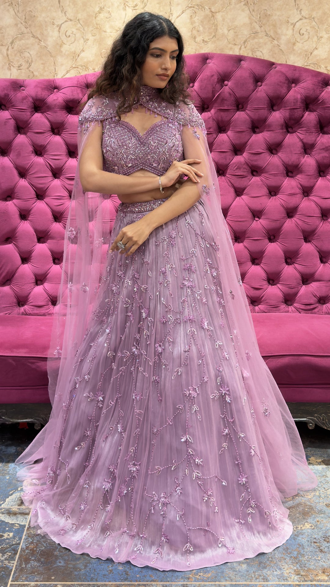 Lilac Embellished Designer Lehenga Set with Cape Sleeves