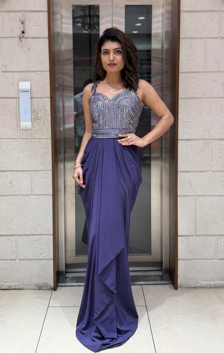 Lavender Grey Sequin Corset Draped Gown – Modern Glamour Evening Ensemble