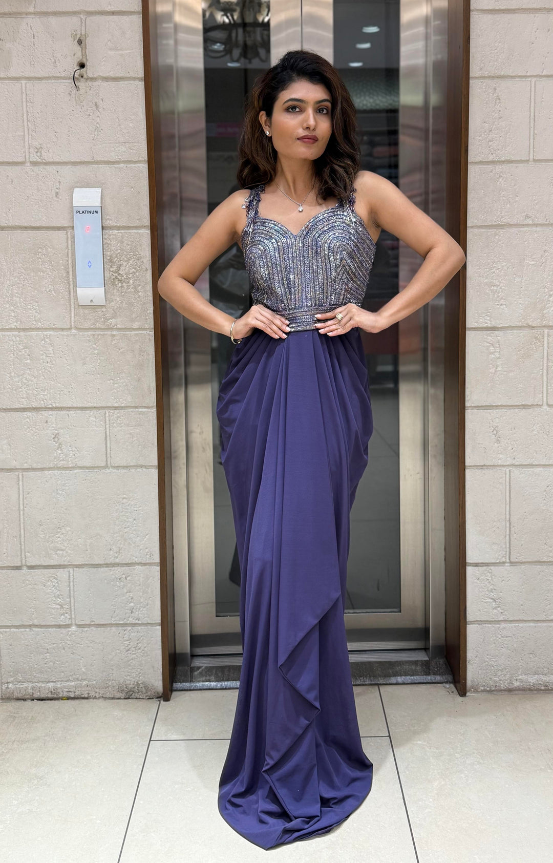 Lavender Grey Sequin Corset Draped Gown – Modern Glamour Evening Ensemble