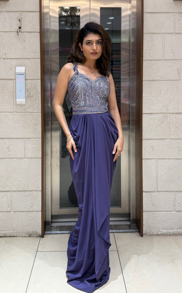 Lavender Grey Sequin Corset Draped Gown – Modern Glamour Evening Ensemble