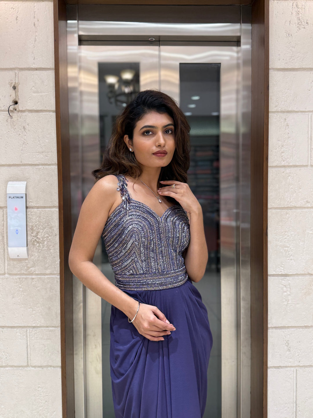 Lavender Grey Sequin Corset Draped Gown – Modern Glamour Evening Ensemble