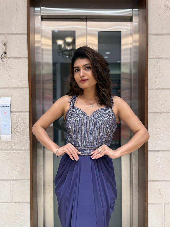 Lavender Grey Sequin Corset Draped Gown – Modern Glamour Evening Ensemble