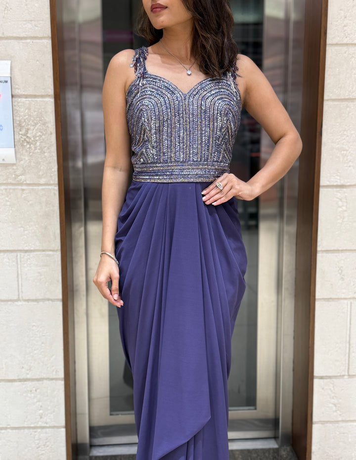 Lavender Grey Sequin Corset Draped Gown – Modern Glamour Evening Ensemble