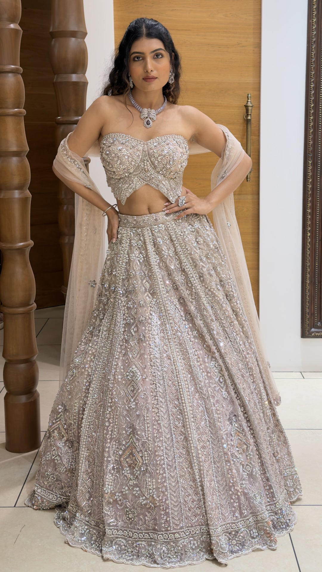 Champagne Beige Heavy Embellished Bridal Lehenga Set with Soft Net Dupatta
