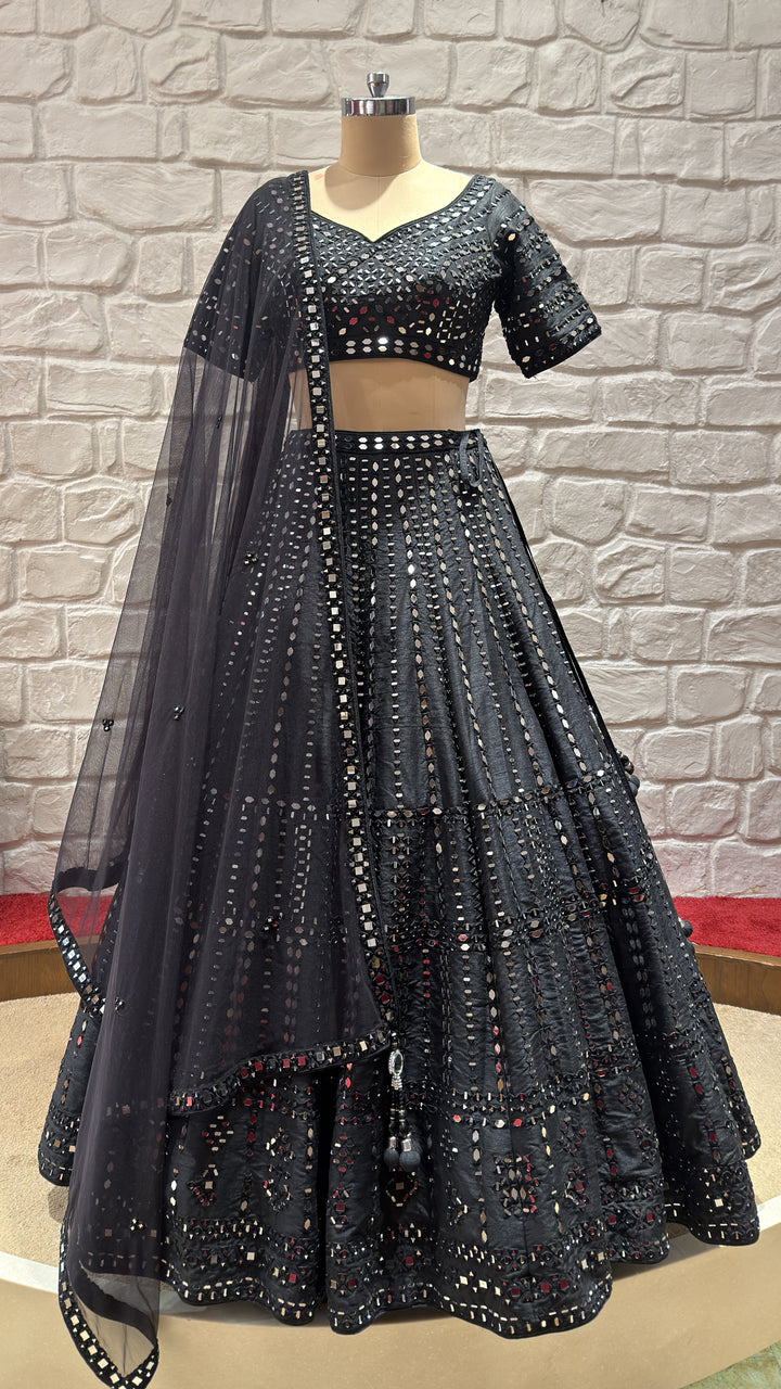 Midnight Black Mirror Work Lehenga Set with Dupatta