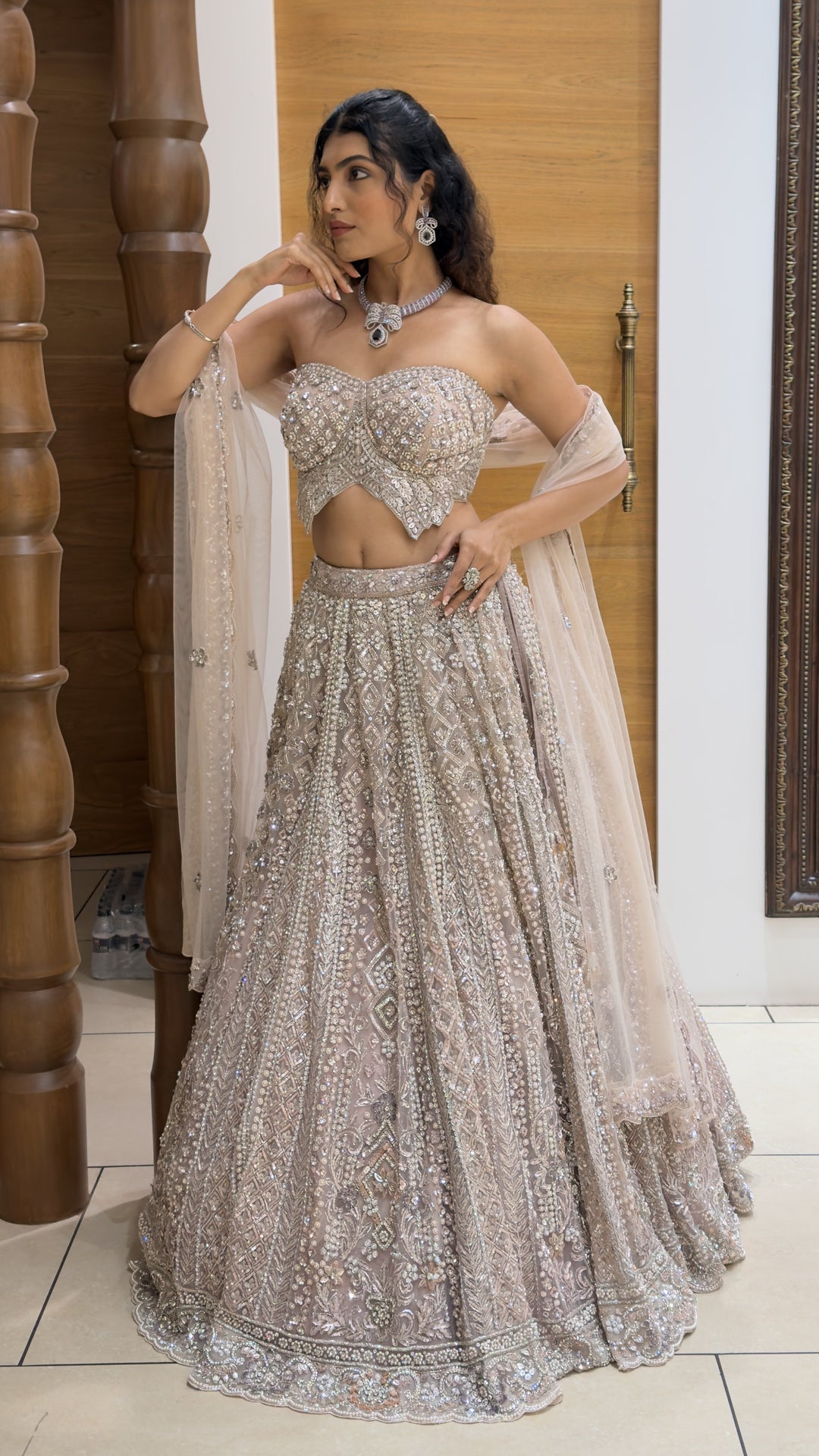 Champagne Beige Heavy Embellished Bridal Lehenga Set with Soft Net Dupatta