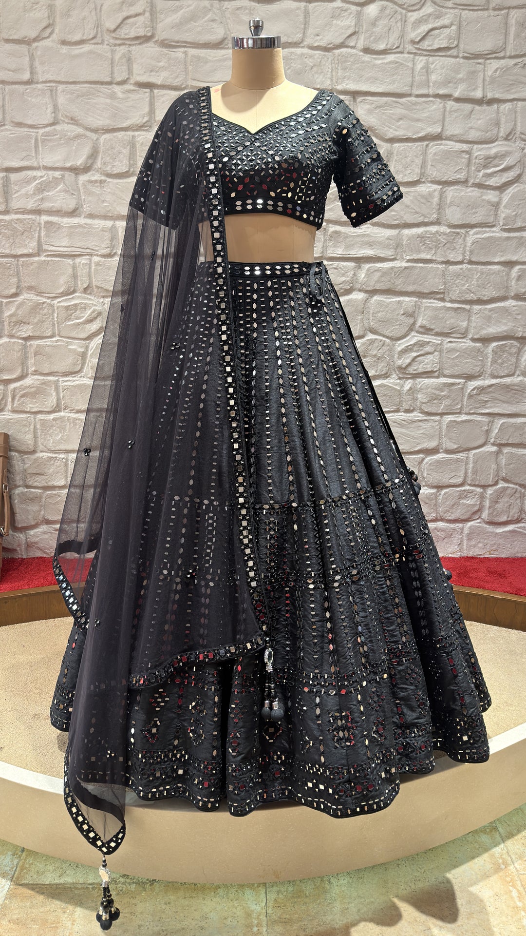 Midnight Black Mirror Work Lehenga Set with Dupatta