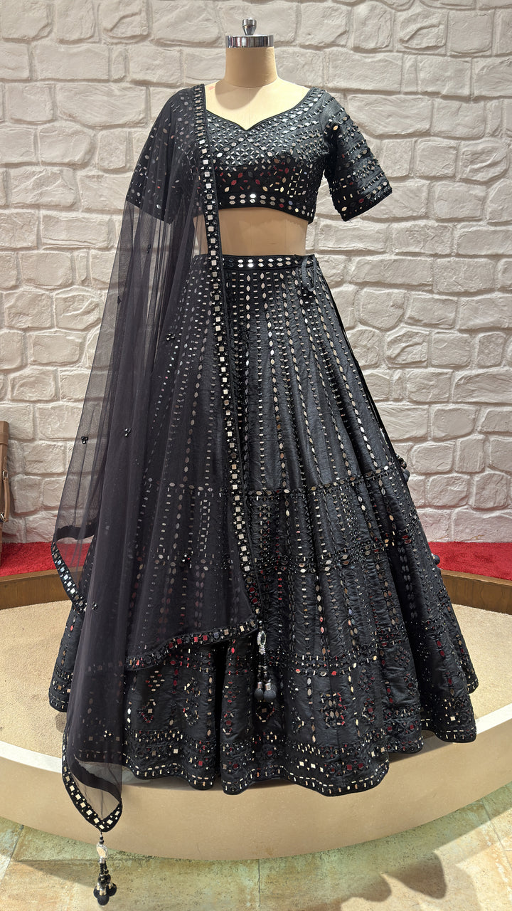 Midnight Black Mirror Work Lehenga Set with Dupatta