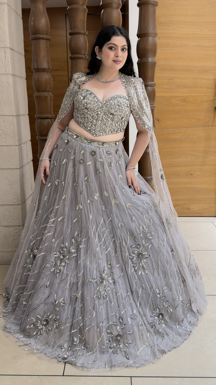 Steel Grey Heavy Embroidered Designer Lehenga Set with Cape-Style Net Dupatta
