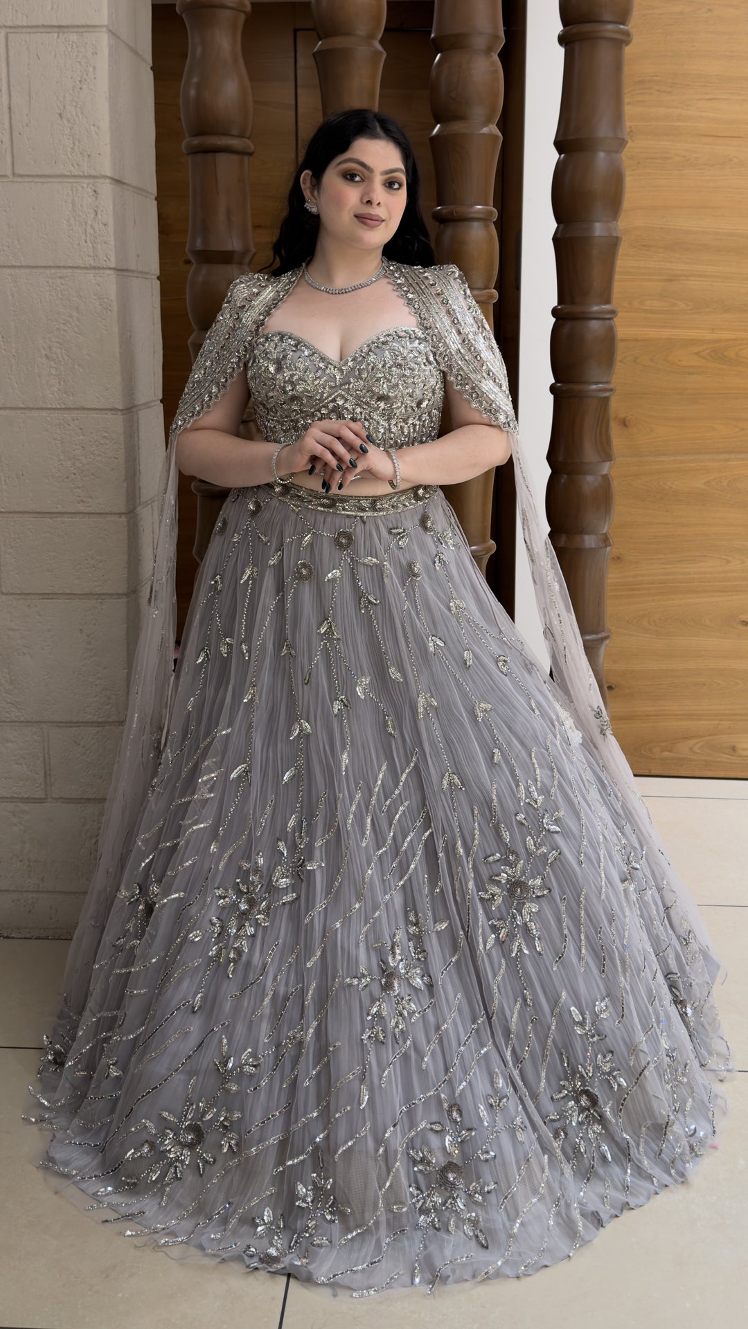 Steel Grey Heavy Embroidered Designer Lehenga Set with Cape-Style Net Dupatta