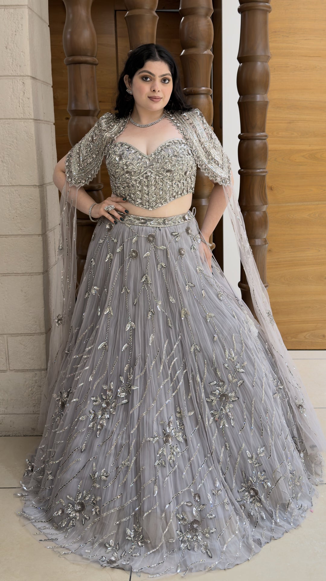 Steel Grey Heavy Embroidered Designer Lehenga Set with Cape-Style Net Dupatta
