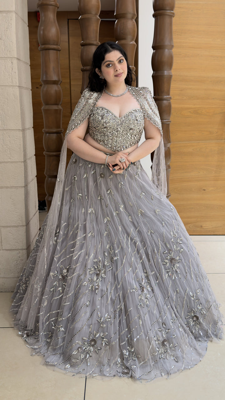 Steel Grey Heavy Embroidered Designer Lehenga Set with Cape-Style Net Dupatta