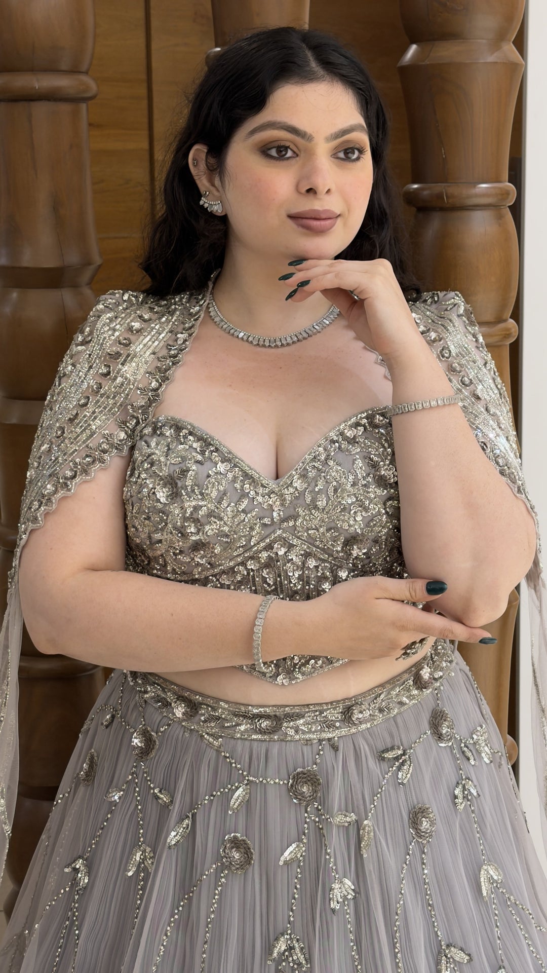 Steel Grey Heavy Embroidered Designer Lehenga Set with Cape-Style Net Dupatta