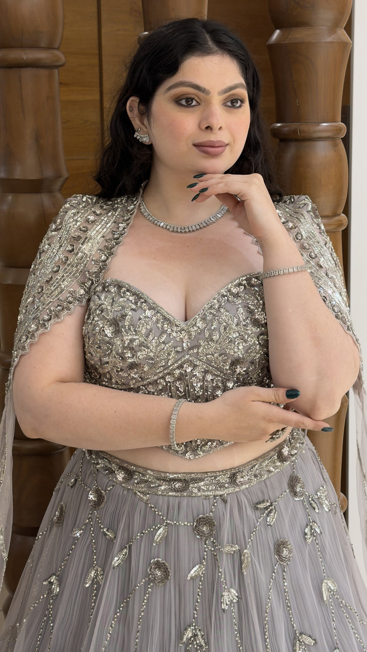 Steel Grey Heavy Embroidered Designer Lehenga Set with Cape-Style Net Dupatta