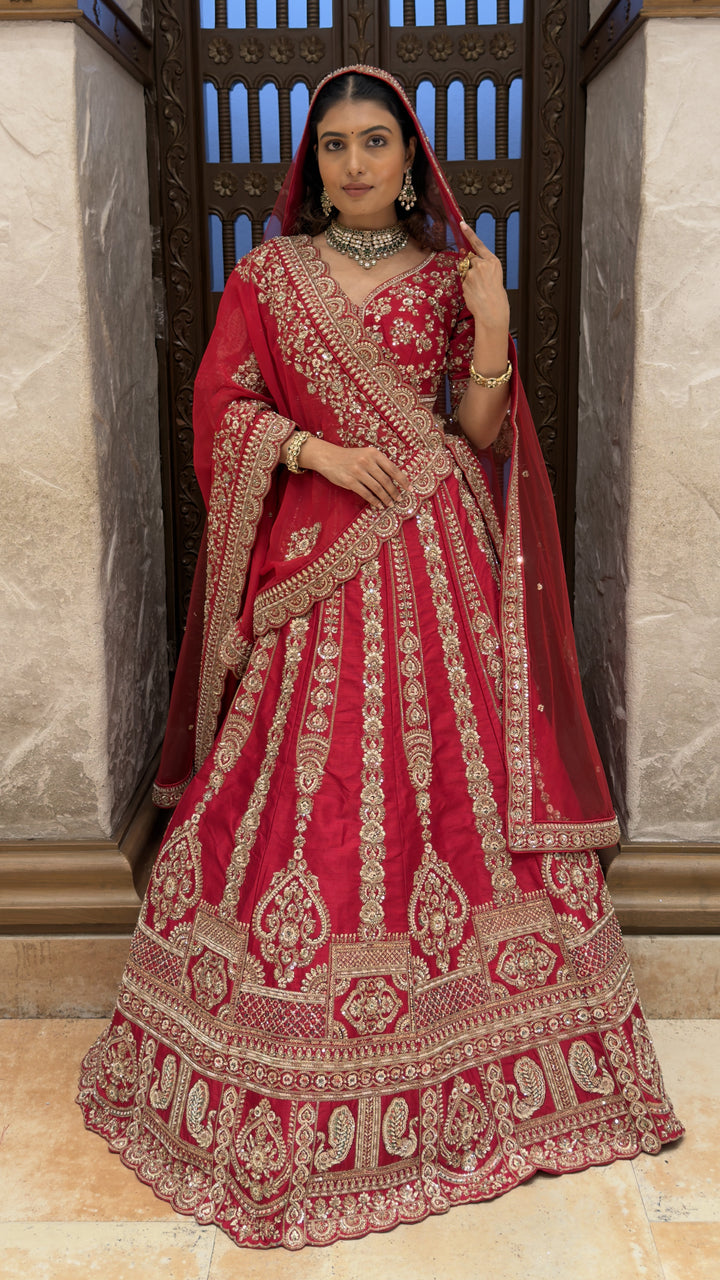 Royal Red Heavy Embroidered Bridal Lehenga Set with Matching Dupatta