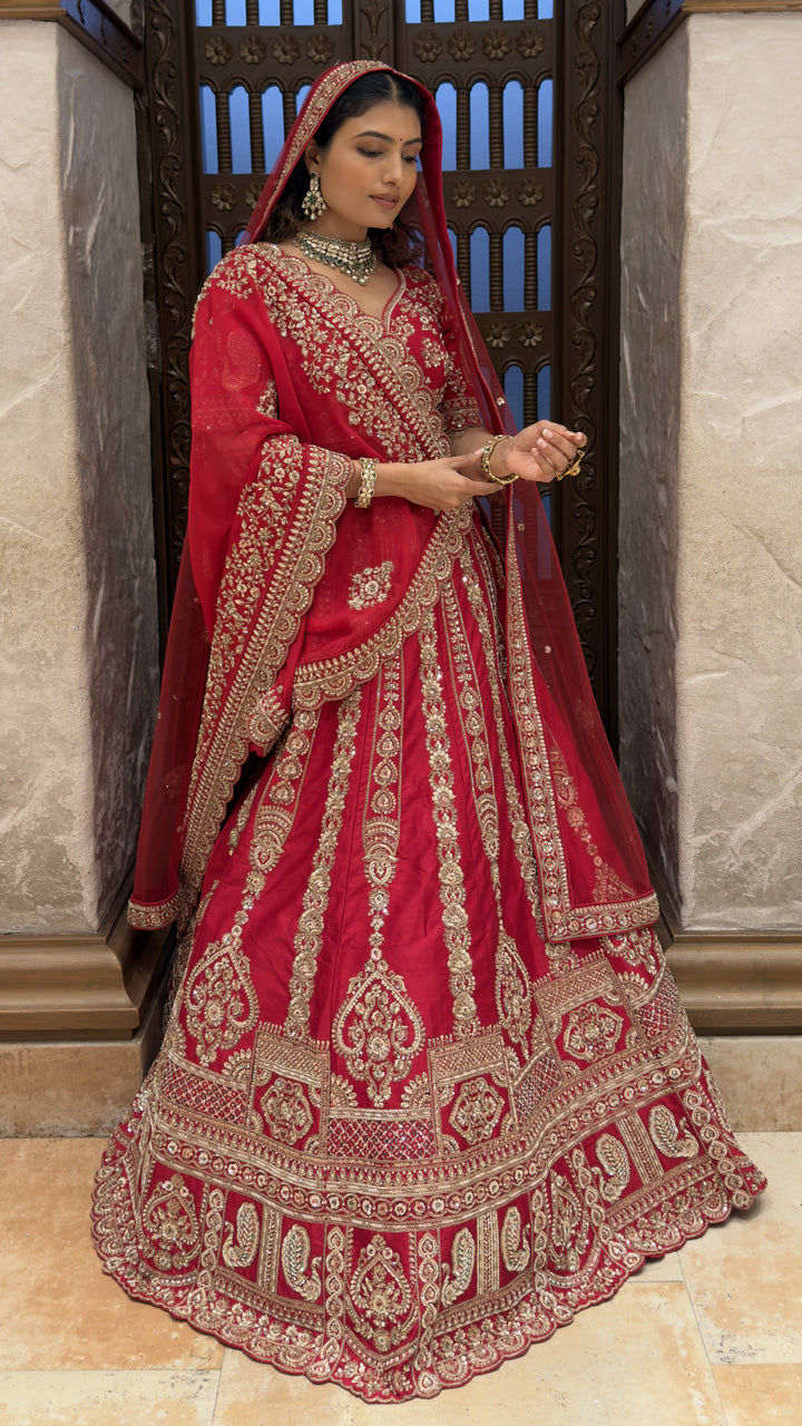 Royal Red Heavy Embroidered Bridal Lehenga Set with Matching Dupatta