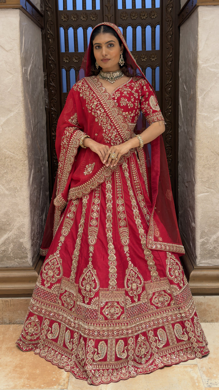 Royal Red Heavy Embroidered Bridal Lehenga Set with Matching Dupatta