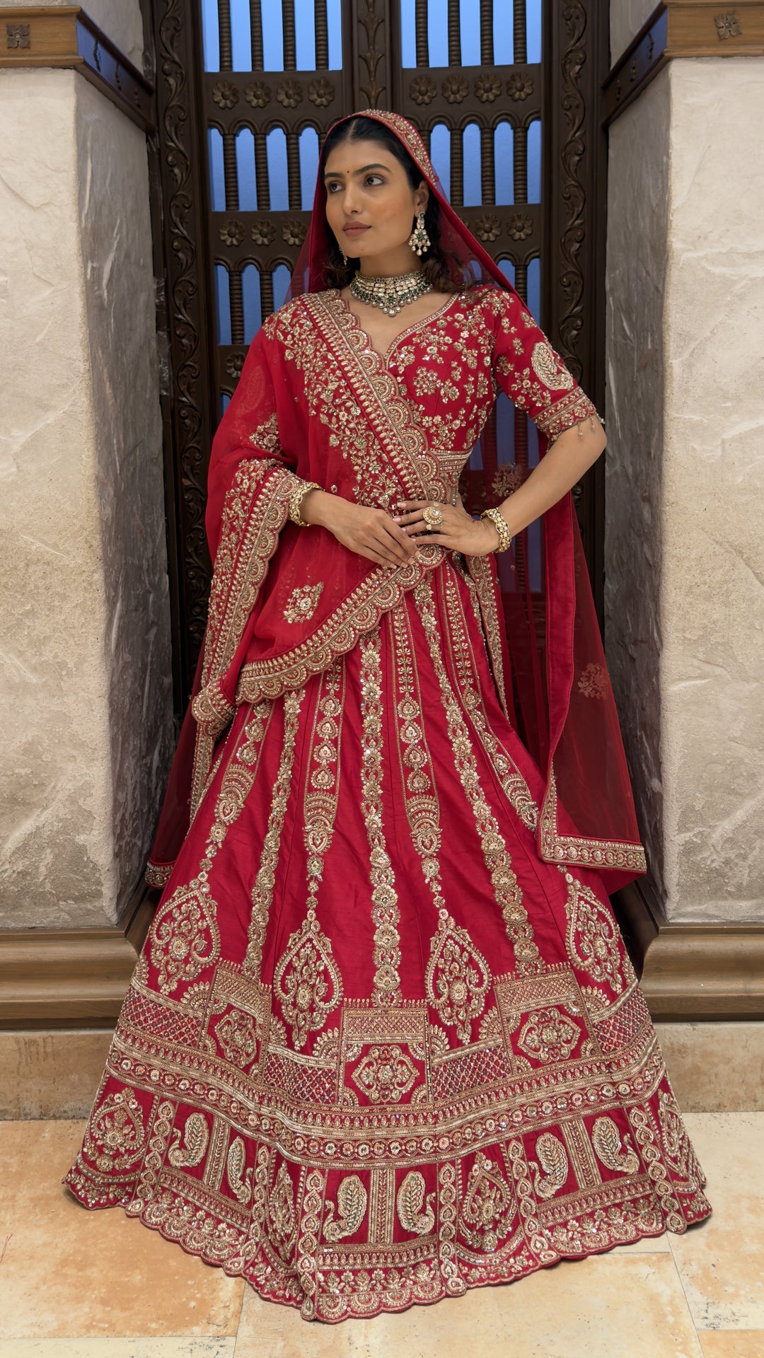 Royal Red Heavy Embroidered Bridal Lehenga Set with Matching Dupatta