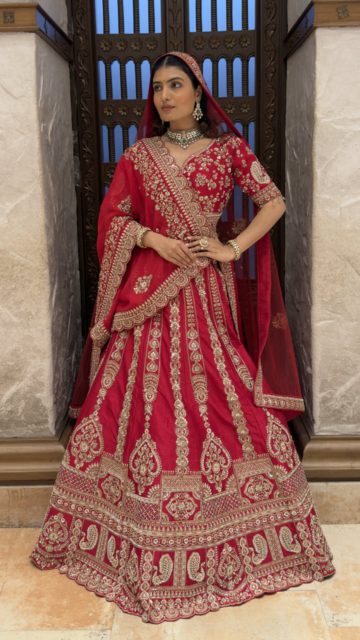 Royal Red Heavy Embroidered Bridal Lehenga Set with Matching Dupatta