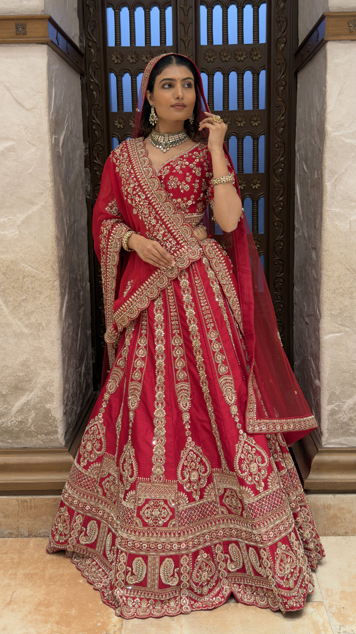 Royal Red Heavy Embroidered Bridal Lehenga Set with Matching Dupatta