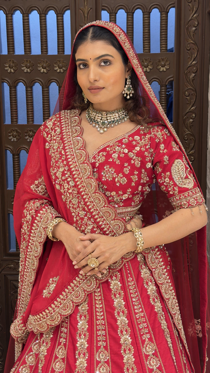Royal Red Heavy Embroidered Bridal Lehenga Set with Matching Dupatta