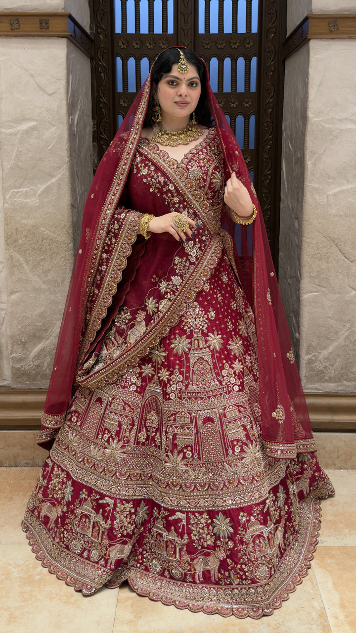 Royal Maroon Heritage Bridal Lehenga Set with Palace-Inspired Embroidery & Net Dupatta