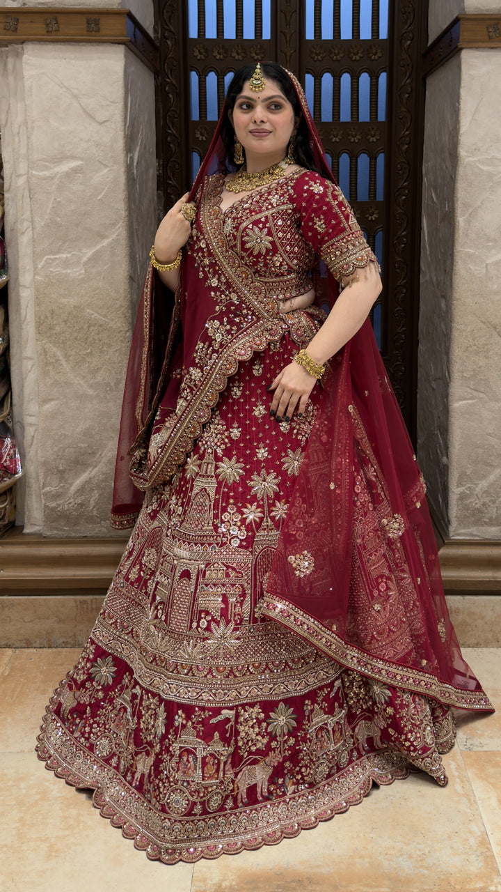 Royal Maroon Heritage Bridal Lehenga Set with Palace-Inspired Embroidery & Net Dupatta