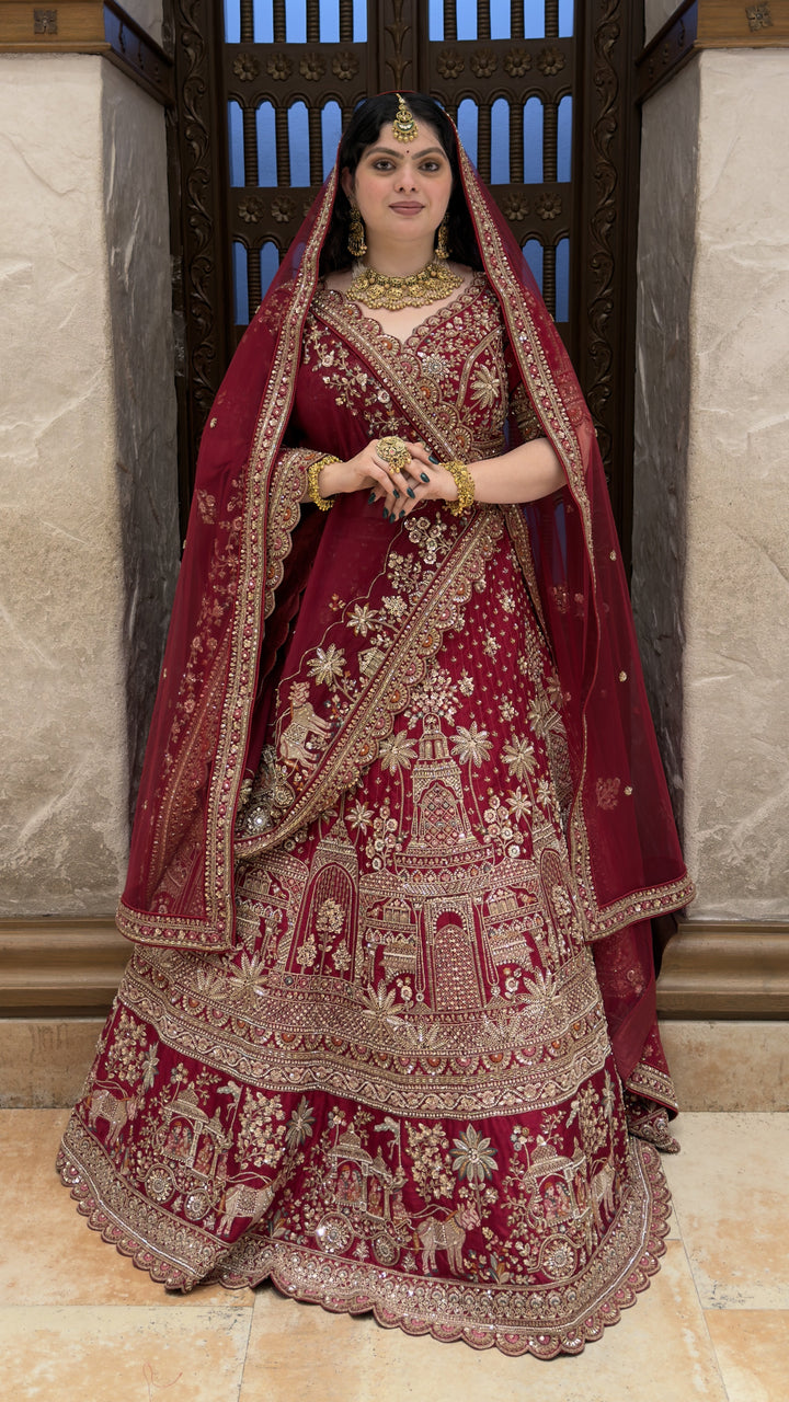 Royal Maroon Heritage Bridal Lehenga Set with Palace-Inspired Embroidery & Net Dupatta