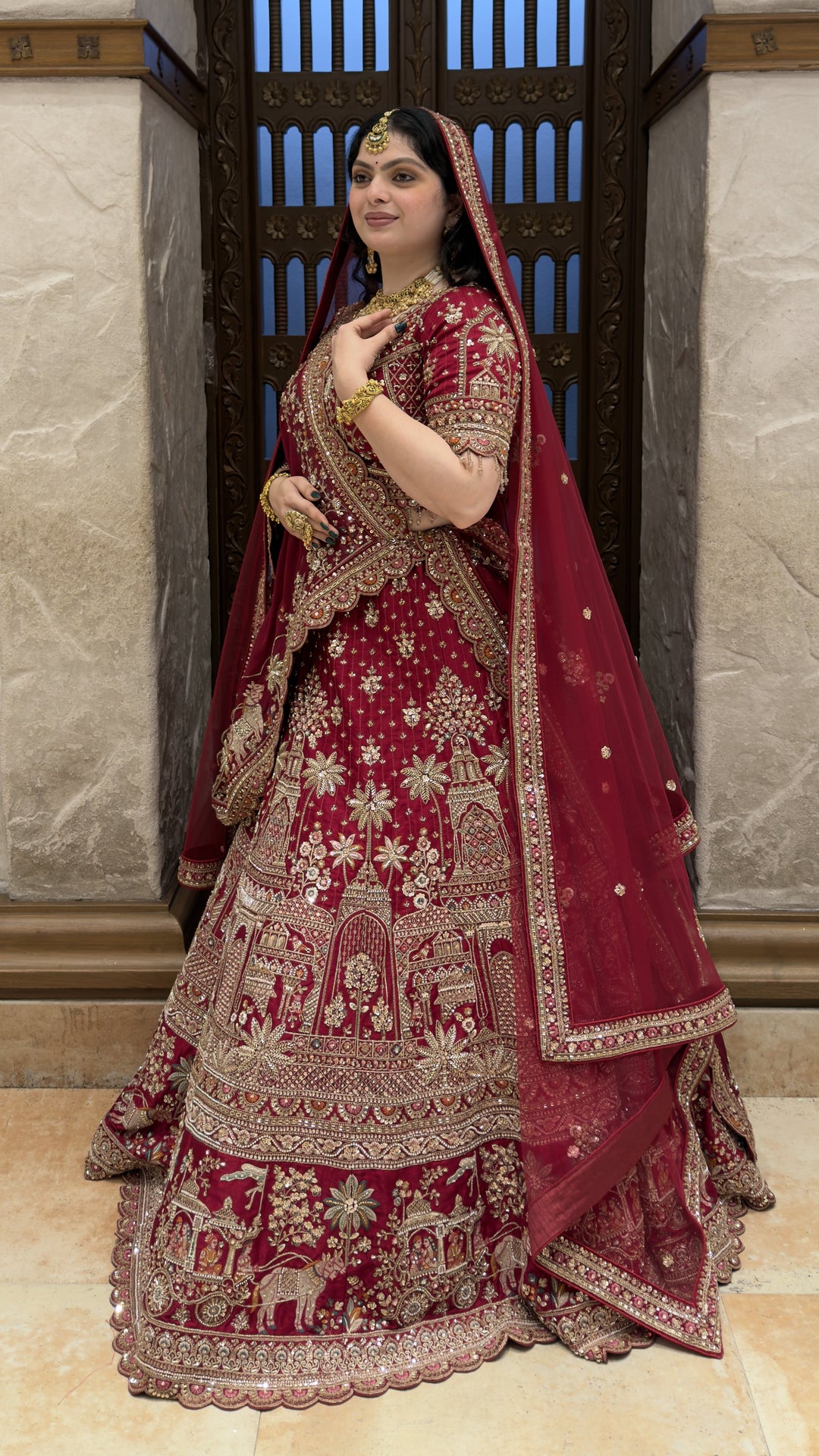 Royal Maroon Heritage Bridal Lehenga Set with Palace-Inspired Embroidery & Net Dupatta