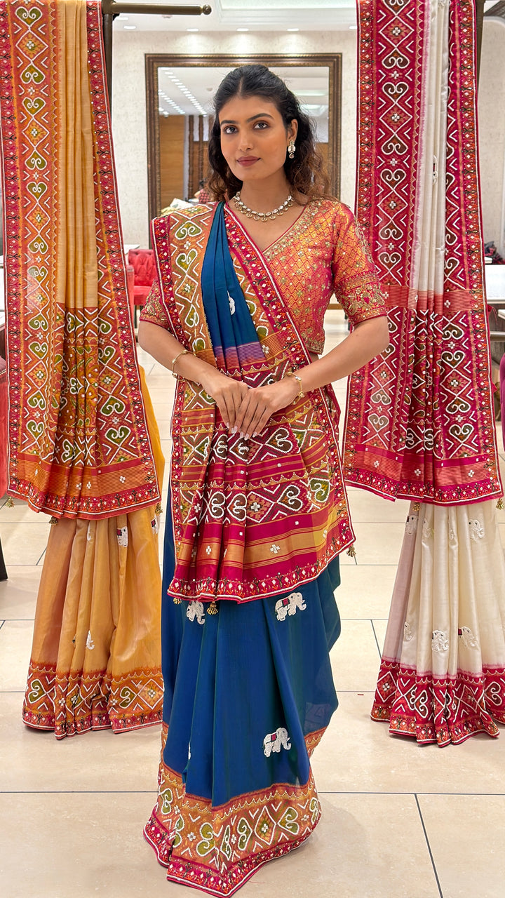 Royal Blue Patola Inspired Handloom Saree with Traditional Woven Border