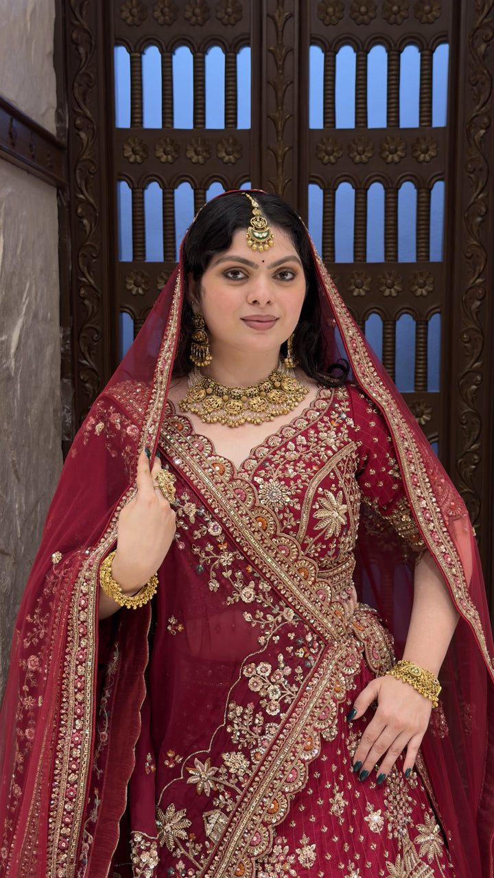 Royal Maroon Heritage Bridal Lehenga Set with Palace-Inspired Embroidery & Net Dupatta