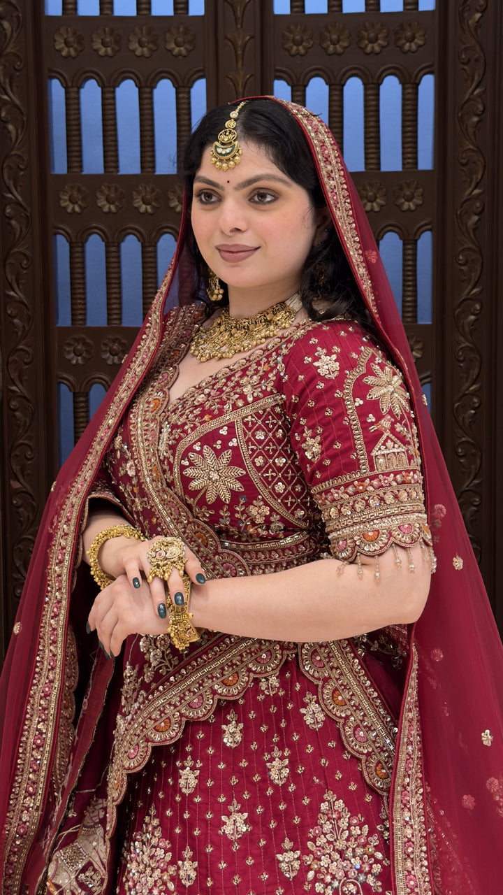 Royal Maroon Heritage Bridal Lehenga Set with Palace-Inspired Embroidery & Net Dupatta